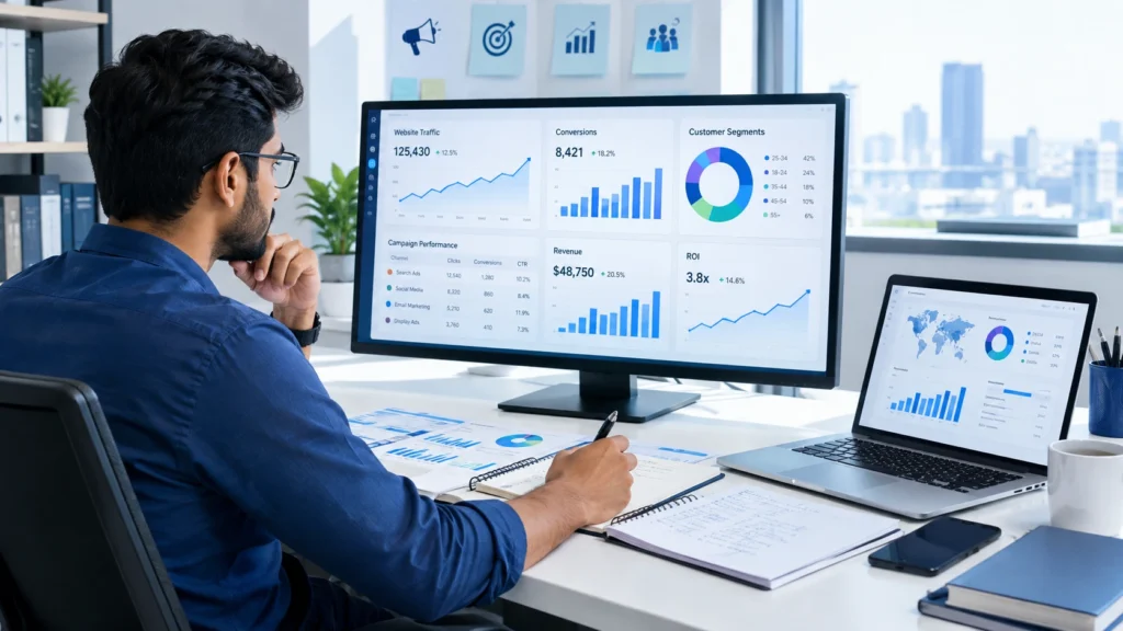 Data-driven marketing strategy dashboard showing campaign performance and customer insights