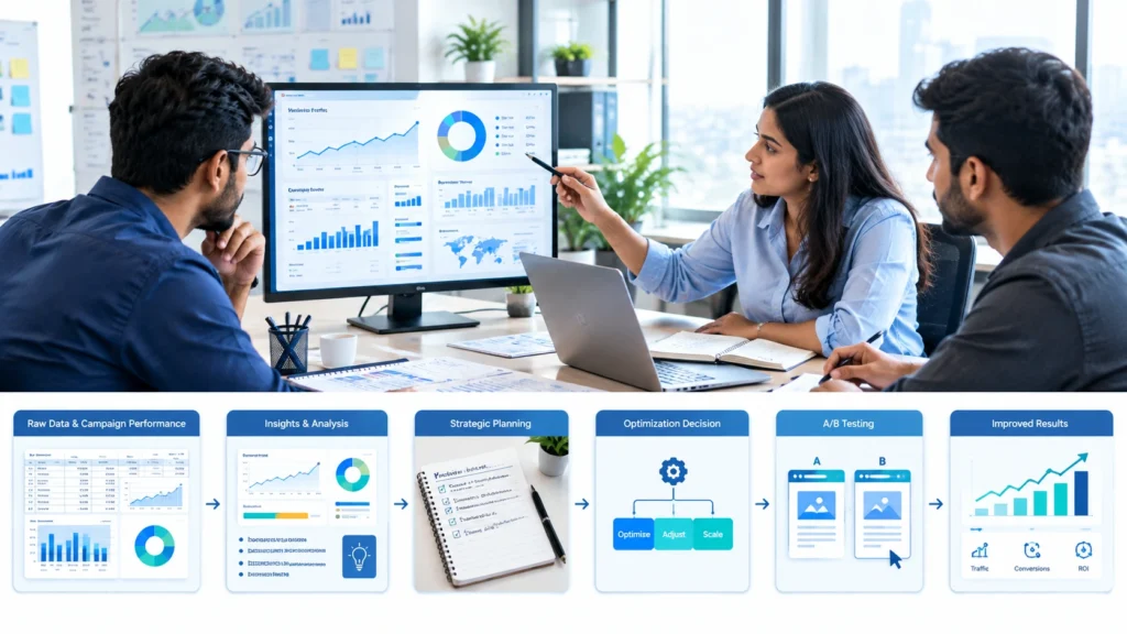 Marketing team converting campaign data into actionable marketing decisions