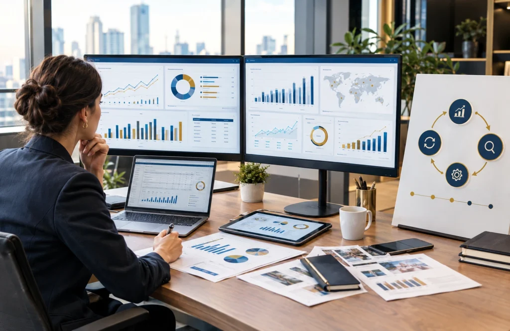 Marketing analytics dashboard showing KPIs and data driven strategy optimization