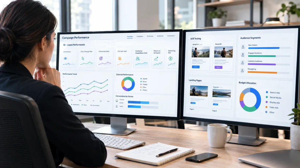 Paid media customer journey showing targeted advertising, lead generation, and customer acquisition