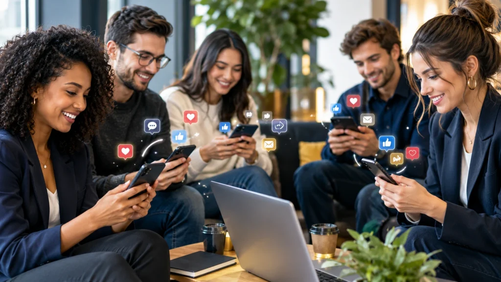 People engaging with a brand on social media through likes comments and shares
