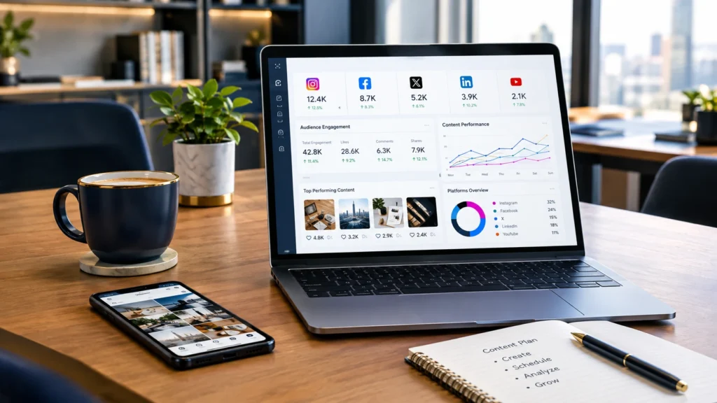 Social media platform management dashboard showing analytics and performance data