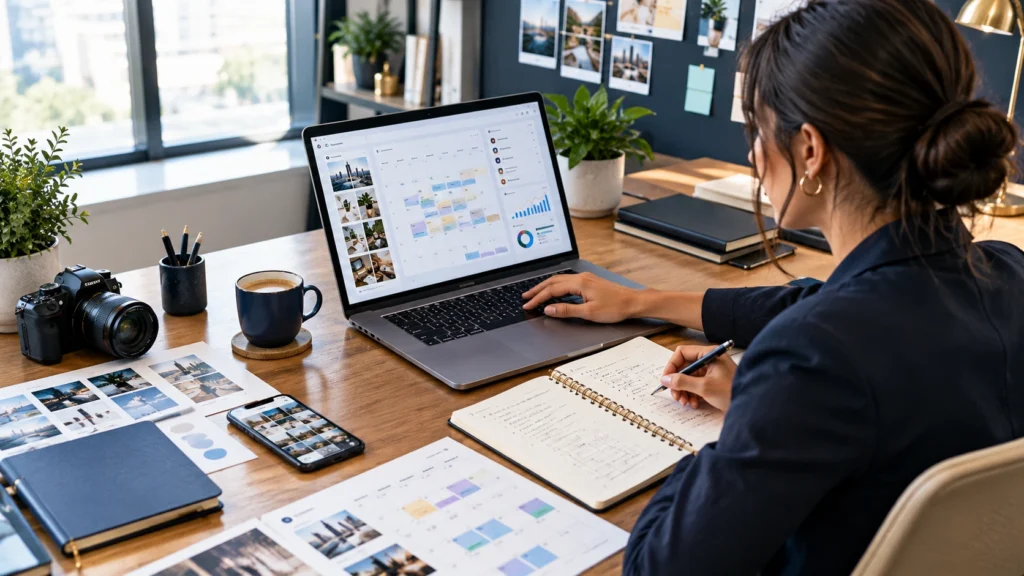 Social media content planning and scheduling process with a marketing specialist